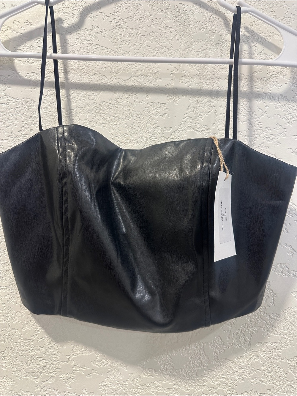 Sleek Black Faux-Leather Crop Top with Thin Straps